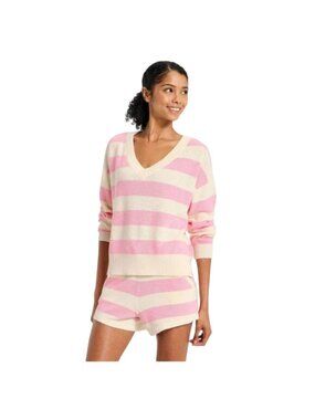 JoyLab Women's XS Pink & Cream Striped V-Neck Sweater Oversized